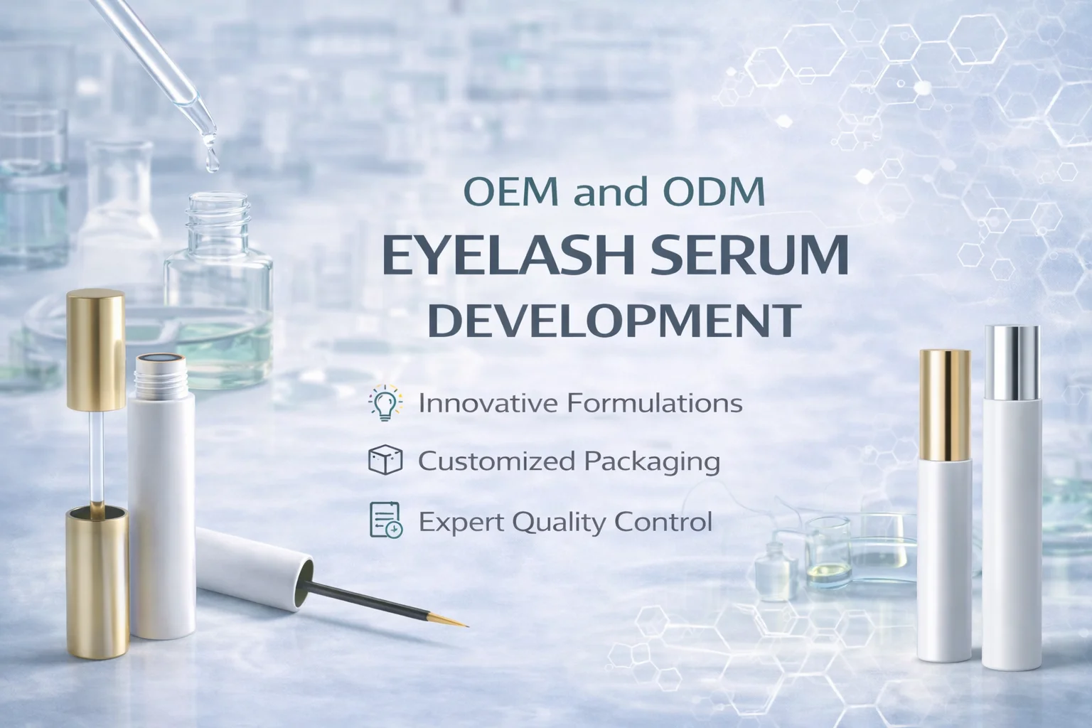 Promotional image for OEM and ODM eyelash serum development featuring innovative formulations, customized packaging, and expert quality control.